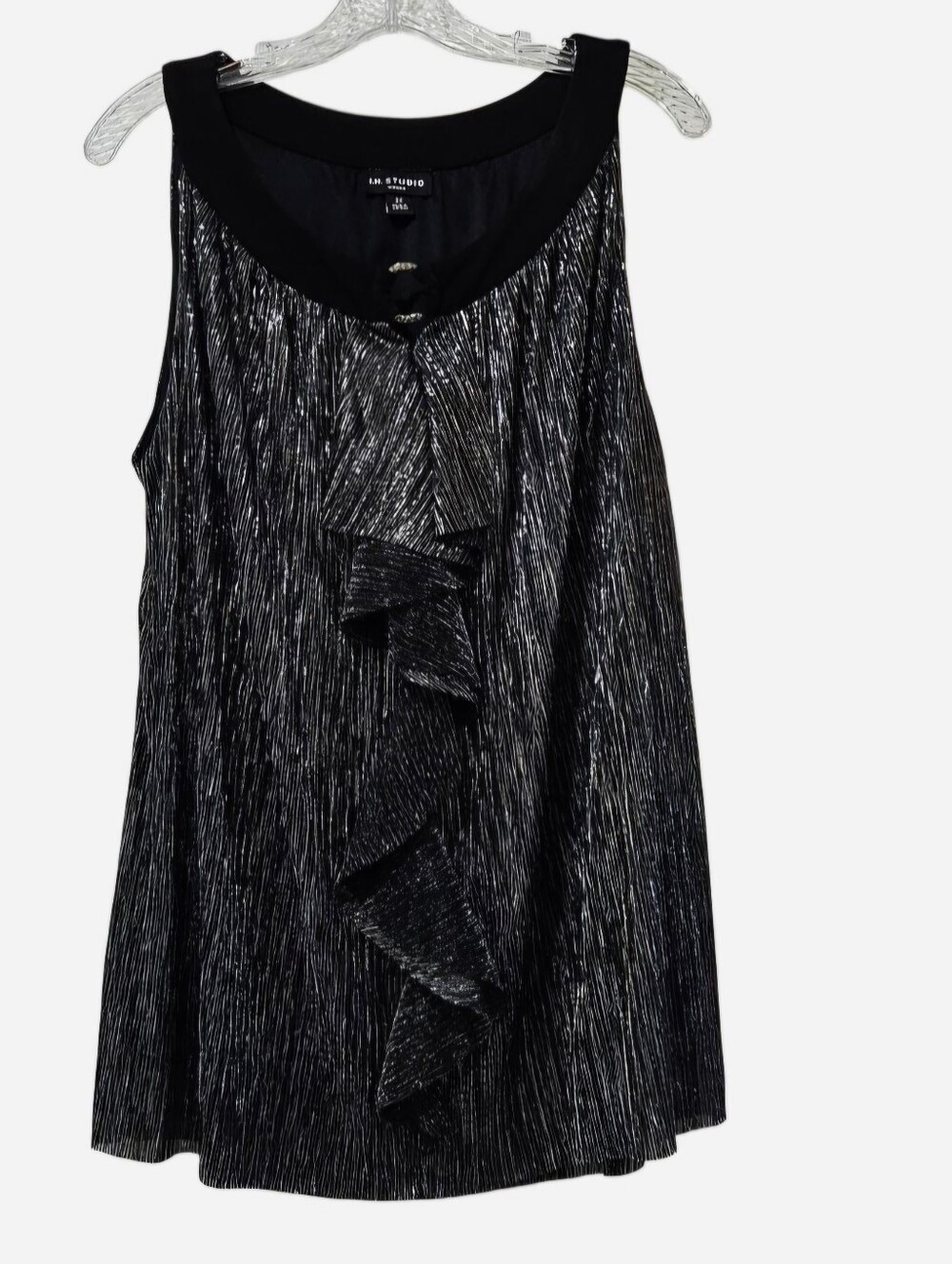 Women's I.N. Studio Sleeveless Black & Shiny Silver Ruffle Shirt